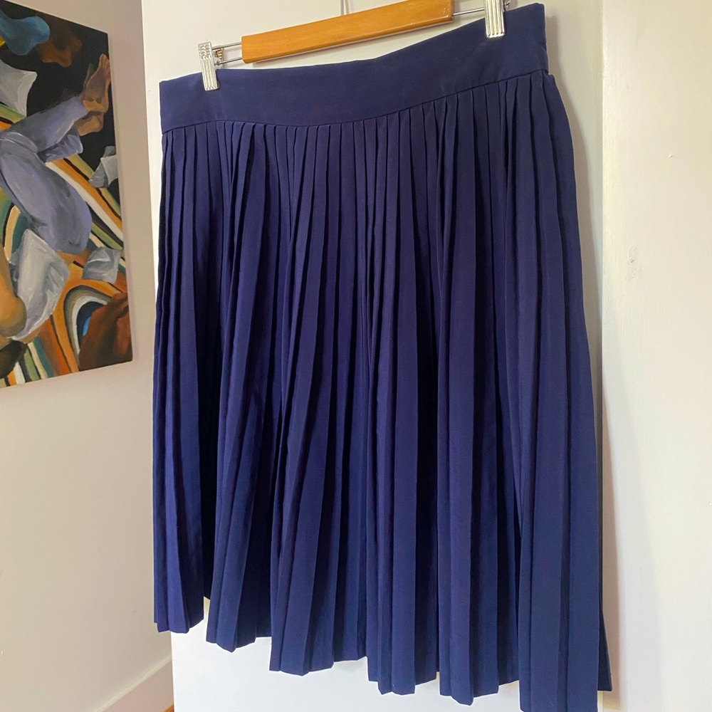 Navy Pleated Knee Length Skirt